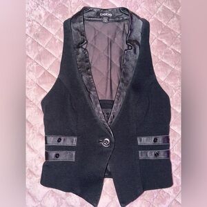 Bebe Vintage Black Satin-Trim Tailored Vest with Decorative Buttons